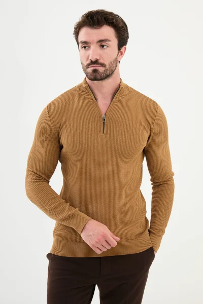 Mens Zip Neck Wool Sweater Camel