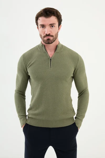 Shop Zip Neck Wool Sweater - Khaki by GENT WITH. It is made of 55% Wool 40% Acrylic 5% Elastane. FREE WORLDWIDE SHIPPING.