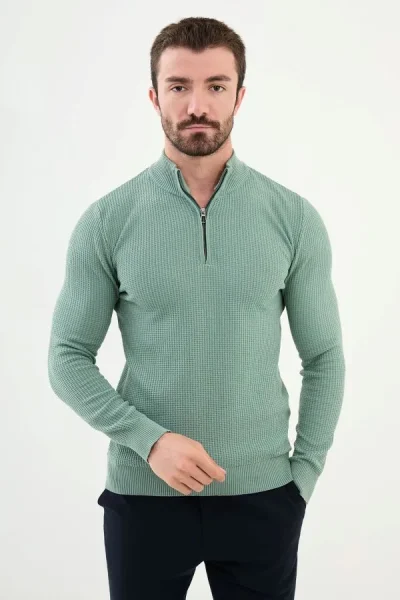 Mens Zip Neck Wool Sweater Light Green