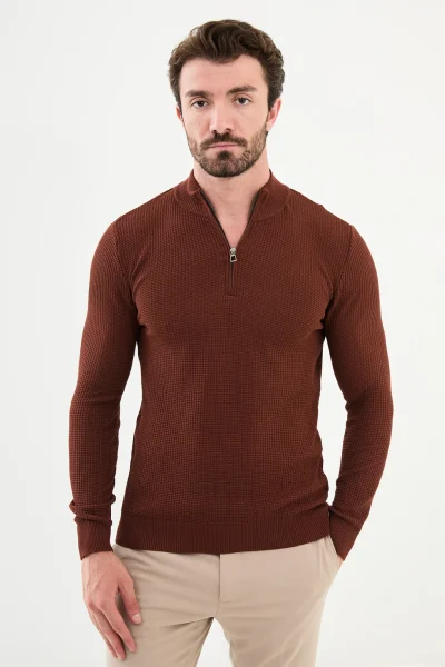 Mens Zip Neck Wool Sweater Rust Brown