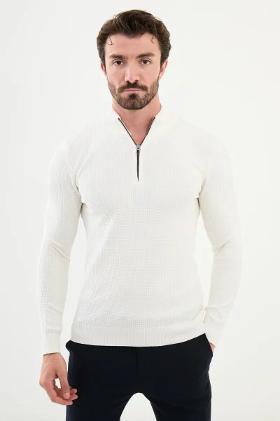 Mens Zip Neck Wool Sweater White