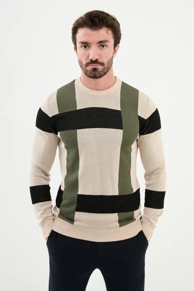 Beige Plaid Wool Sweater for Men