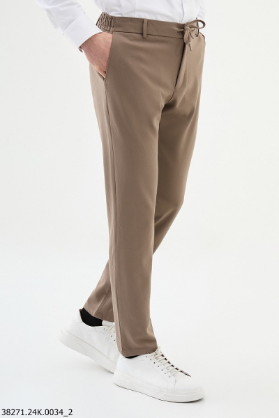 Beige Slim Fit Wool Joggers Pants