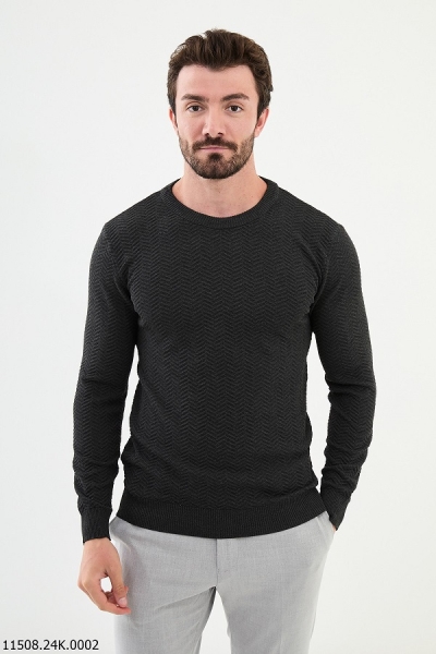 Black Herringbone Crewneck Wool Sweater