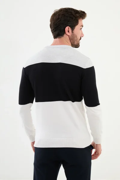 Tri Color Crew Neck Wool Sweater - White