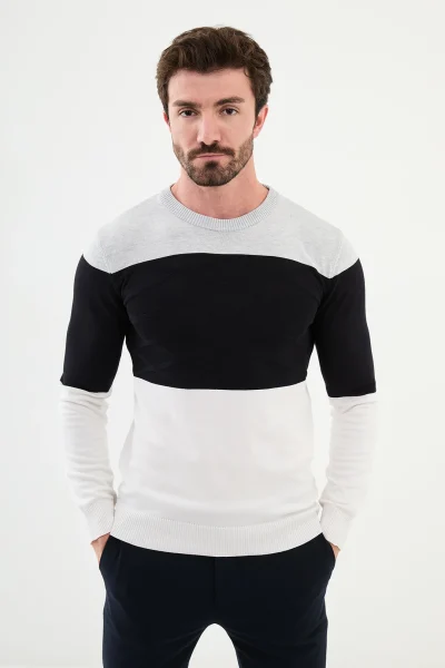 Tri Color Crew Neck Wool Sweater - White