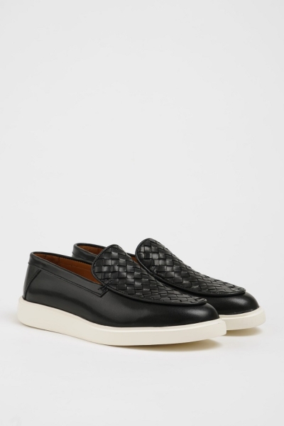 Men's Black Woven Pattern Loafers