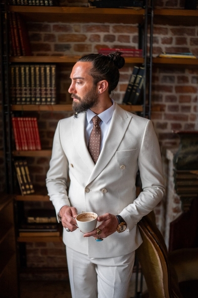 Ivory Slim Fit 2 Piece Double Breasted Striped Suit