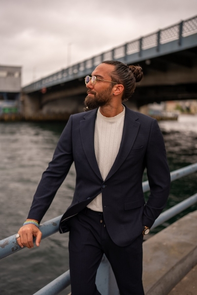 Navy Blue Slim Fit 2 Piece Patterned Suit