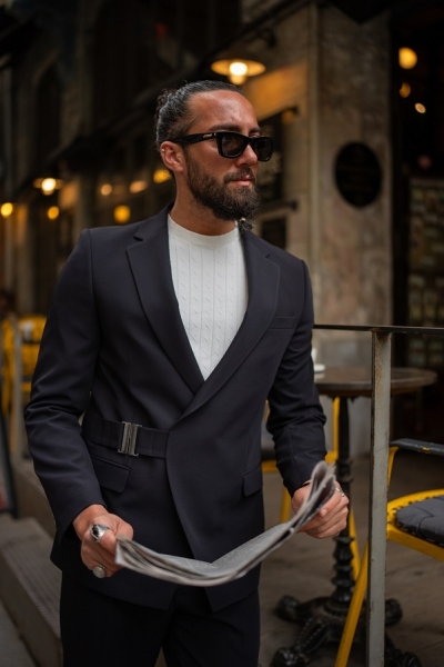 Slim Fit Metal Buckle 2 Piece Suit - Black