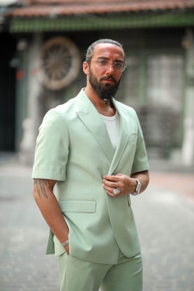 sage green short sleeve suit for men
