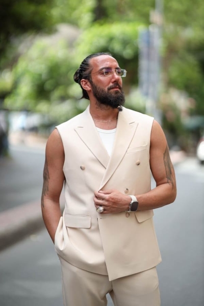 Men's Double breasted Beige Vest Suit