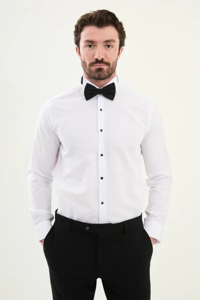 Buy White slim fit plain cotton tuxedo shirt for men with wingtip collar and French cuffs