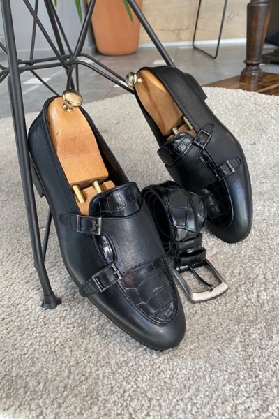 Black Double Monk Strap Loafers