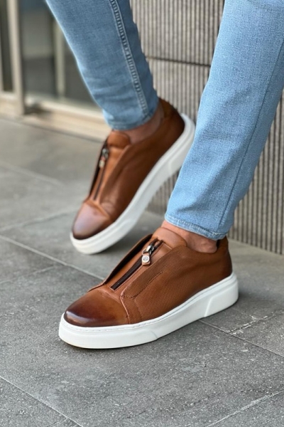 Brown Mid-Top Zipper Sneakers