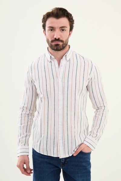 Linen Camel and White Striped Shirt