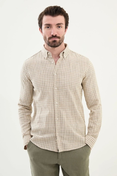 Linen Khaki Green Plaid Shirt