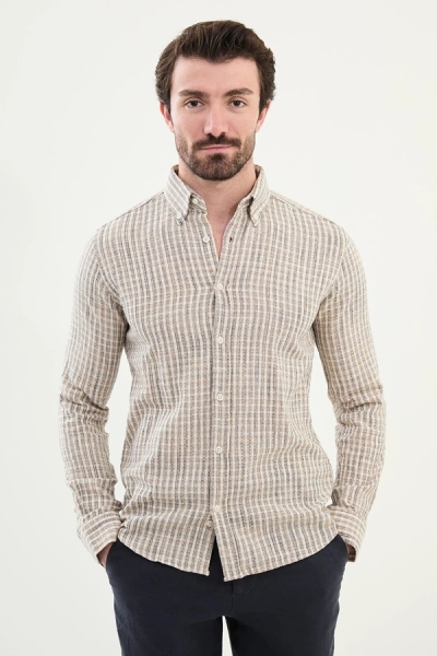 Linen Navy Blue Plaid Shirt