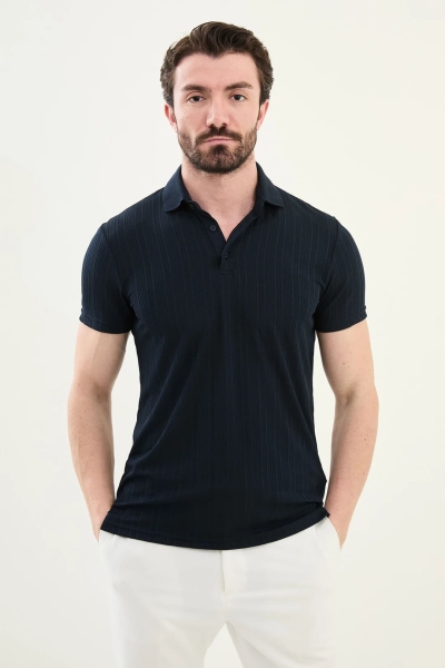 Navy Blue Ribbed Polo Shirt