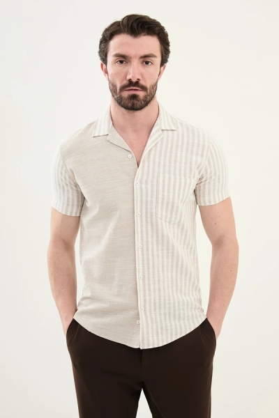 Striped Beige Short Sleeve Shirt
