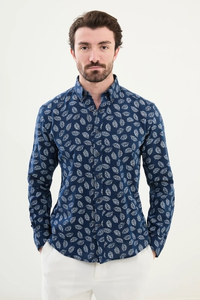 Tropical Navy Blue Linen Shirt