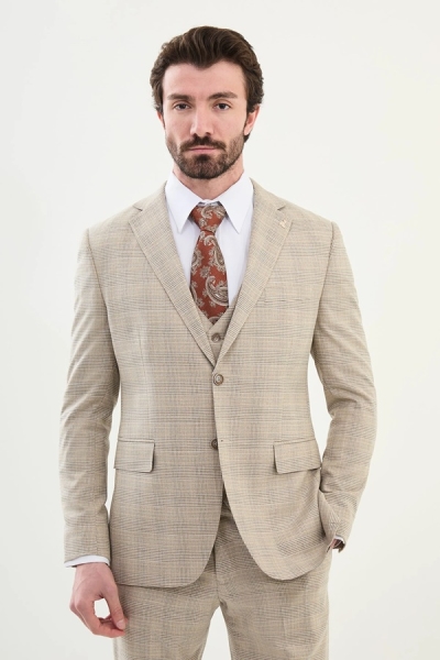 Beige 3 Piece Checkered Suit