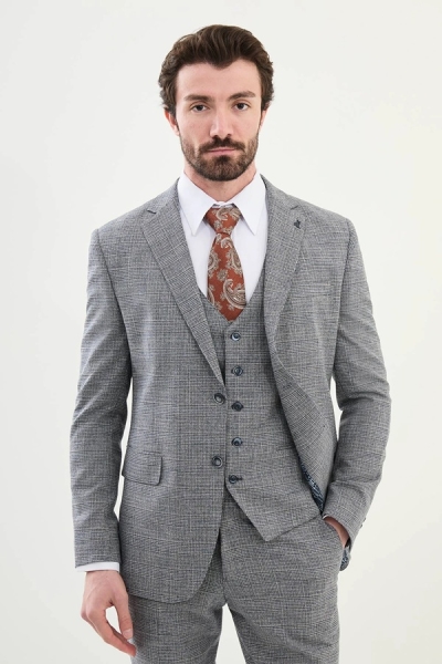 Navy Blue 3 Piece Checkered Suit