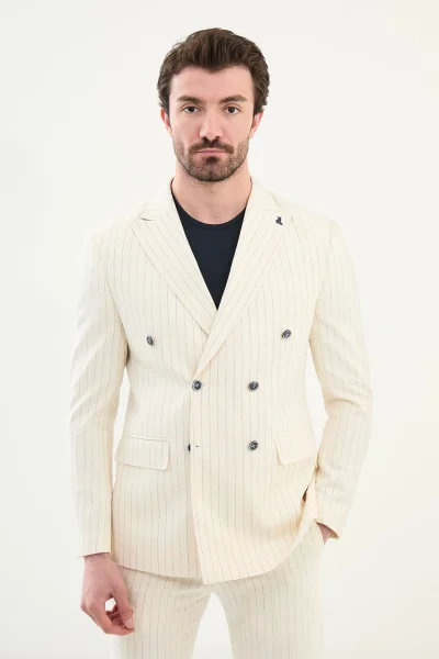 Pinstripe Linen Mens Double Breasted Suit Beige