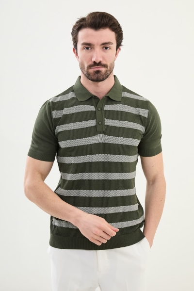 Striped Green Knit Polo Shirt