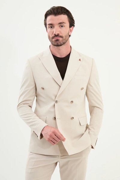 Beige Double Breasted Suit